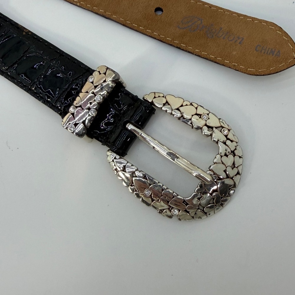 Vintage Brighton Black Patent Croc Leather Heart Buckle Belt Crystal Accents 32 - Picture 2 of 6